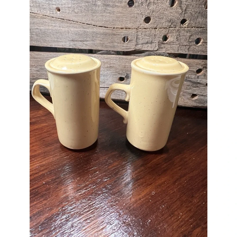 Vintage Yellow Speckled Handled Ceramic Salt Pepper Shakers Cottage Core